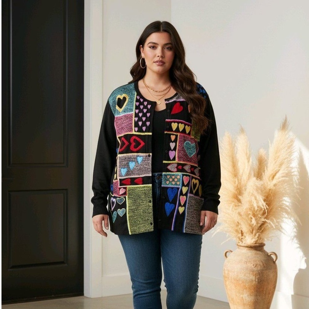 Michael Simon Lite Patchwork‎ Heart Embroidered Button Front Cardigan Women's L